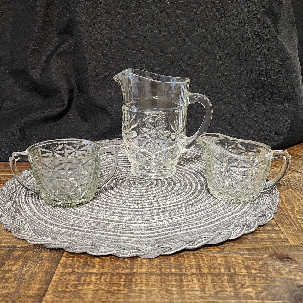 Anchor Hocking "Starts and Bars" Sugar and Creamer Set with bonus Pitcher.